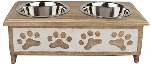 GoCraft Cuencos elevados para perros pequeños, soporte de madera blanqueada en estilo moderno de granja con 2 cuencos de acero inoxidable para comida y agua para mascotas
