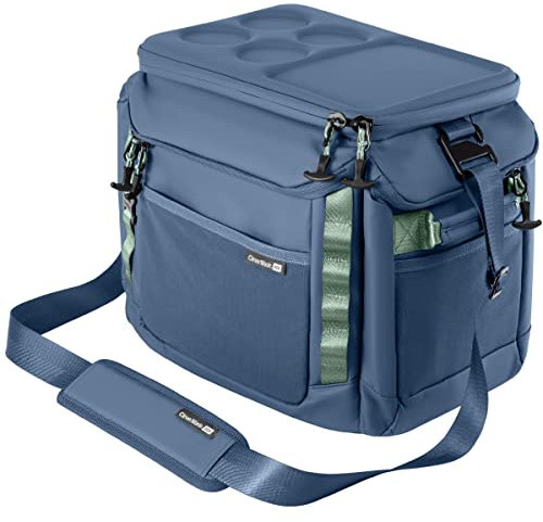 CleverMade Sequoia - Borsa termica per 32 lattine, con lati morbidi, impermeabile, per picnic e campeggio, con parte superiore modellata, tracolla e apribottiglie, colore: blu
