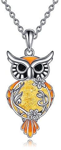 YAFEINI Hibou Chaîne Cadeaux Argent Sterling Filigrane Ambre Hibou Pendentif Collier Bijoux de Noël pour Femmes Filles (Collier Ambre Chouette)