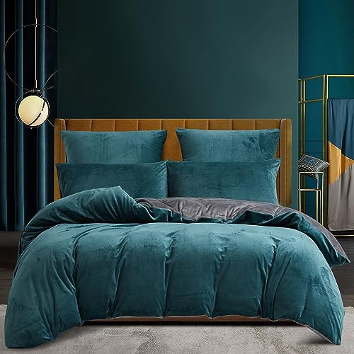 Housse de Couette Hiver 140x200 Chaude Flanelle Toucher Cashmere Polaire Parure de Lit en Velours Pétrole Grise Doux avec Fermeture Éclair,Linge de Lit 1 Personne avec 1 Taie d'oreiller 65x65 cm