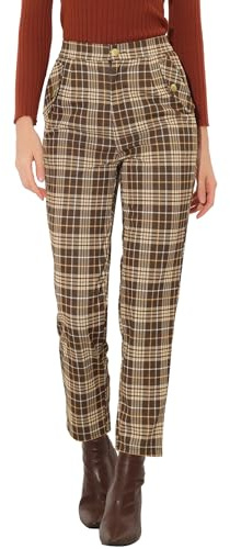 Allegra K Jul, vintage, elastisk midja, raka rutiga chinos byxor, Brun/beige, M