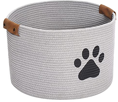 Dog Toy Basket Storage Cotton Rope Basket Dog Toy Box Collapsible Large Pets Toy Storage Bin Decorative Baskets with Handles for Laundry Basket Living Room Organiser Dog Stuff Storage Grey