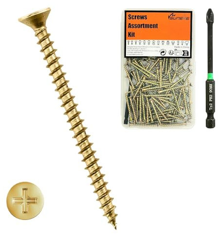 Suneke Lot de 60 vis M4,2 mm x 80 mm, haute dureté, pour cloison sèche, zinc, filetage grossier, tête plate, vis à bois avec boîte de rangement et 1 embout long PH2#2