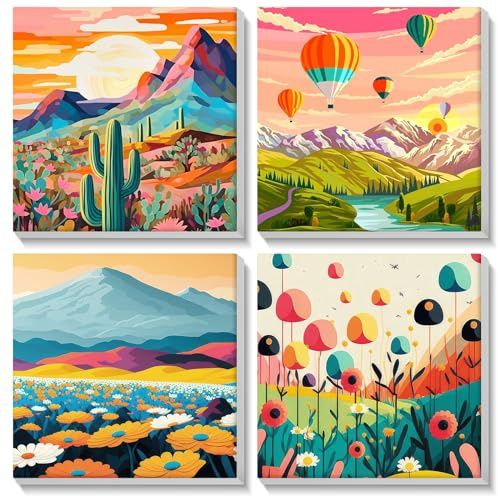 MISCER 4 Pack Paint by Numbers for Kids Adults,Landscape Paint by Number Kits for Kids, DIY Acrylic Oil Painting Suitable for Home Decoration (8x8inch)