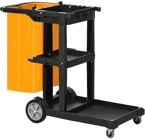 HOMCOM Carrello Pulizie Professionale a 3 Ripiani con Ganci per Scopa e Sacco da 100L, Carrello con Ruote Multiuso in Plastica per Hotel, Albergo e Ristorante, 121x50.5x96.5 cm, Nero