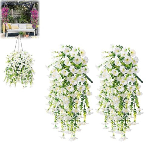 Kouamor 2pcs 75cm Artificial Hanging Flowers UV Resistant Fake Flowers Artificial Plants Outdoor Flower Bouquet Vine Plants Drooping Plants for Home Wall Garden Wedding Indoor Outdoor Decor (white)