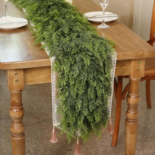 9FT Real Touch Cedar Garland - Artificial Christmas Garland Fake Green Faux Thick and Lush Pine Needles Garlands for Table Fireplace Mantle Holiday Home Indoor Outdoor Decor (1PCS)
