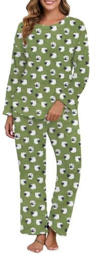 PrinStory Pigiama da Donna Lungo in Flanella, Pigiama con Scollo Tondo in Pile, Pigiama a Maniche Lunghe in Frottee, Abbigliamento da Casa, M