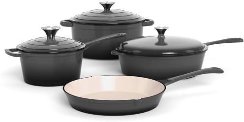 Kitchen Academy, Set di pentole in ghisa smaltata, set da 7 pezzi di forni olandesi, padella per salsa, padella, 3 coperchi, set da forno olandese, set di pentole e padelle antiaderenti, grigio