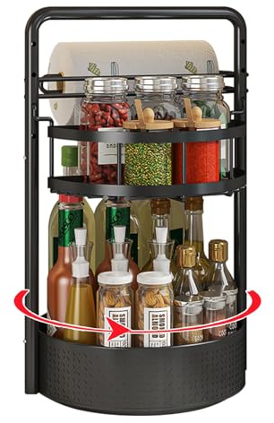 CLOKTA Rotating Spice Rack with Paper Towel Holder, 2 Tier Turntable Lazy Susan, Seasoning Organizer for Kitchen Countertop Cabinet, Black