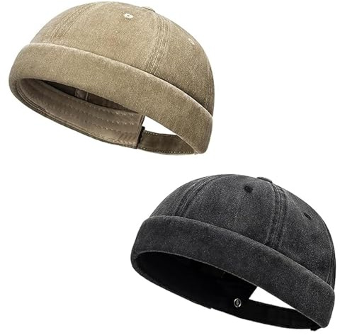 Docker Hat, Brimless Cap for Men, Fisherman Beanie with Skull Cap Design, 2-Pack UK Size Dock Hat in Black and Khaki.
