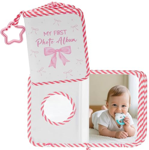 FOPPLA Soft Fabric Photo Album Baby's My First Cloth Family Memory Keepsake Book Holds 6.5x4.41 Inch Pictures, Infant Photo Record Newborn Milestone Scrapbook for Baby Shower Christening, Pink Bow