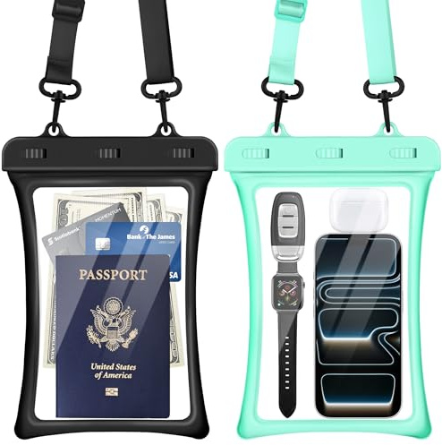CACOE flytbar, universell, vattentät IPX8 mobilskal, 2-pack, upp till 10 tum, justerbar mobilväska med bärband, vattentät mobilväska för semester, strand, pool, resetillbehör