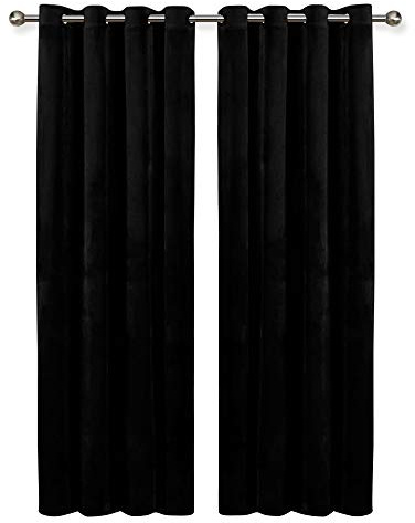 Oxford Homeware Black Blackout Curtains 90x90 for Bedroom – Crushed Velvet Eyelet Curtains Thermal Insulated + 2 Tie Backs (228cm x 228cm)
