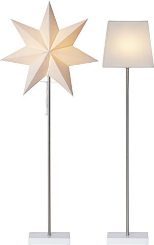 Stehlampe mit Wechselschirm Moa von Star Trading, 3D Papierstern Weihnachten oder eckiger Lampenschirm in Weiß mit Fuß aus Holz und Metall, Dekostern Stehleuchte mit Kabelschalter, E14, Höhe: 82 cm