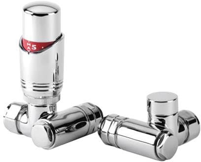 Greened House Lincoln Dual Fual Thermostatic Angled TRV Towel Rail Valve with Corner Lockshield Electric and Central Heating Valve