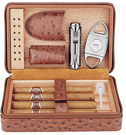 PIPITA Humidor Portatile da Viaggio, Elegante in pelle di Cedro Umidificatore, rivestito in legno di cedro, per 4 sigari con accendino e taglierino (non inclusi)