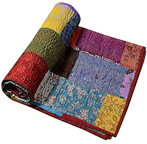 Rajasthaniartdecor Indian Handmade Vintage Silk Sari Patola Ethnic Reversible Blanket Bedspread Throw Stitch Patchwork Kantha Quilt (Multi, Poster 40x60 Inch)