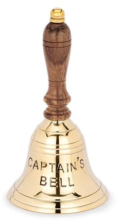 NKlaus 17cm Tischglocke Captain's Bell aus Messing massiv Gold Handglocke mit Holzgriff 11581