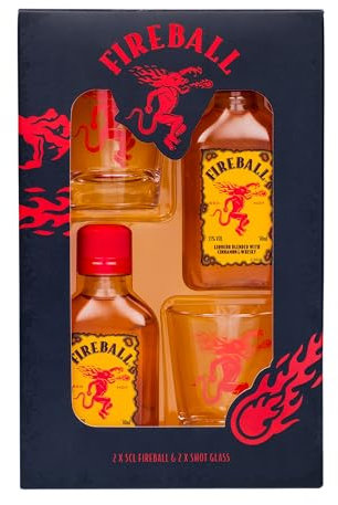 Fireball Whisky Gift Pack Contains 2 x 50ml Bottles of Cinnamon Whisky 33% ABV and Two Red Dragon Shot Glasses Limited Edition for Birthday Gifts, Christmas Gifts Stocking Fillers By Blue Tree Gifts