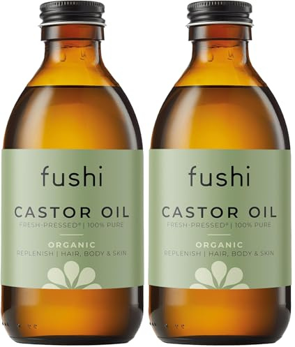 Fushi Organic Castor Oil 250ml 100% Pure Cold & Fresh-Pressed For Dry Skin & Hair Growth, Eyelashes & Eyebrows Hexane Free Natural Food-grade Sustainably Sourced (Pack of 2)