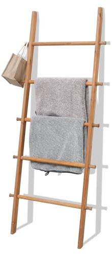 FUIN 57in Wood Blanket Ladder Living Room Decorative Wall Leaning Farmhouse Quilt Display Holder Rustic Wooden Towel Rack for Bathroom, Light Brown