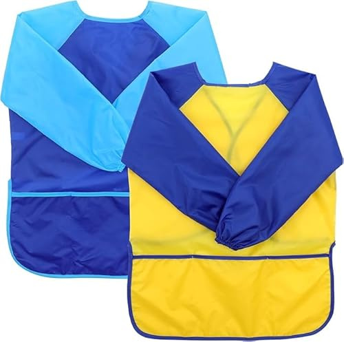 MSIHEY 2 Pezzi Grembiule da Pittura Bambini 2-8 Anni Grembiule Impermeabile Scuola Maniche Lunghe con 3 Tasche per Pittura Scuola d'Arte,Cucina,lavoretti