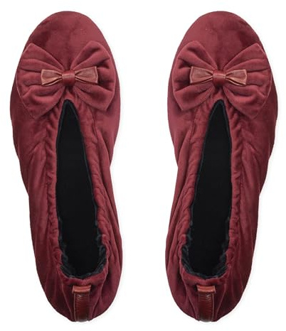 GLOVE STORY Pantuflas Bailarina de Interior para Mujer en Terciopelo con Suela de Cuero Suave - Material Suave y Cómodo - Pantuflas Bailarina Suaves para Mujer - Hechas a Mano (Burdeos S)