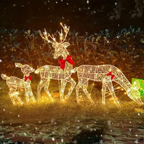 Lot de 3 Rennes de Noël - Décoration de Noël - Renne de Noël - Étanche - Renne Scintillant à LED avec nœud en Cloche pour la Maison et Le Jardin