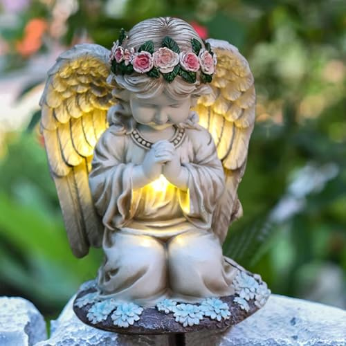 Umllpet Estatuas de ángel solar para jardín, figura de ángel de hada LED, figura de ángel de la guarda rezando, luz para tumba, decoración para exteriores, 20,5 cm, resistente a la intemperie,