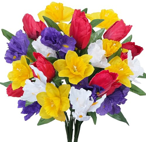 MHMJON 2 Bundles Daffodils Artificial Flowers, 17.3'' Silk Floral Arrangements Easter Cemetery Flowers for Grave Home Table Vase Wedding Farmhouse Spring Decor