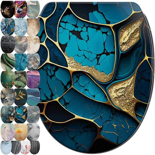 Sanilo Abattant WC avec frein de chute et libération rapide, Siège de WC amovible par simple pression sur un bouton, Montage facile par le haut (Marbre Cobalt)