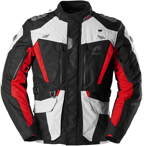 Furygan Apalaches Evo – Veste Moto Homme Toutes Saisons – Imperméable, Respirante – Protections D3O – Doublure Thermique Amovible – 12 Poches, Noir-Perle-Rouge, XL