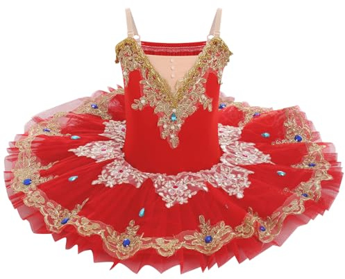 IDOPIP Bambino Ragazza Abiti da Balletto Danza Tutù Abito Perline Strass Fiori Ricamo Pizzo Cigno Scollo a V Sottile Spalline, rosso, 7-8 Anni