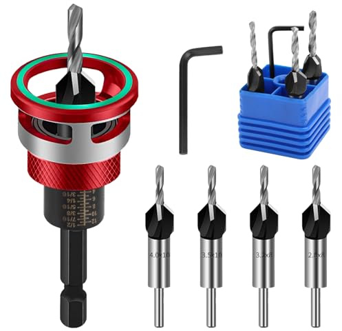 NCTNCX Set di 6 punte per svasatura conica, 2,8 mm, 3,2 mm, 3,5 mm, 4 mm, per legno, con svasatore in legno con arresto di profondità e codolo esagonale per fai da te, lavorazione del legno