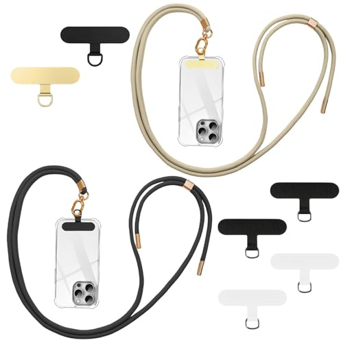 flintronic Cordón Correa para Teléfono Móvil Ajustable Universal, Correa Cruzada para el Cuello y Muñeca, Compatible la Mayoría de Las Fundas de Teléfono, con Llavero y Parche-Negro/Dorado