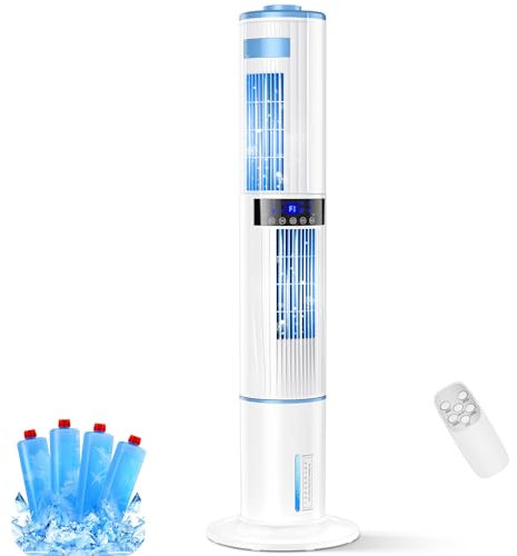 Aptorlty Mobile Air Conditioners, 4 in 1 Tower Fan/Air Purifier/Humidifier/Evaporative Coolers 65W 1-24H Timer 3 Mode 8M/S Wind w/ 4 Ice Box 10M Remote Control Air Conditioning for Home/Bedroom/Office