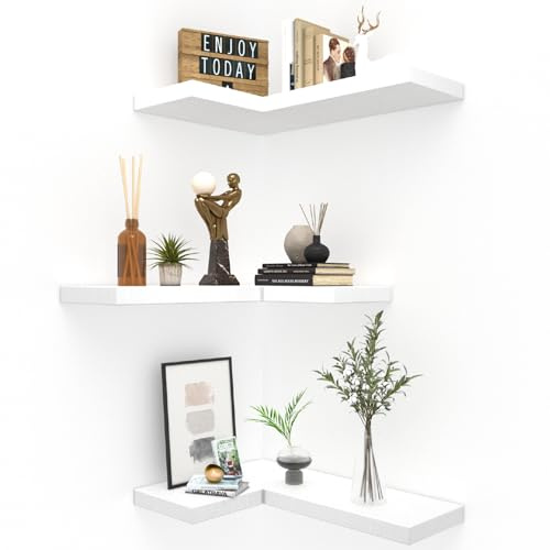 NATURE'S SOURCE Floating Corner Shelves with Invisible Brackets Set of 3, Corner Shelves Wall Mounted, for Home Bedroom Bathroom Kitchen Living Room Office- 16.1 x 11.5 (Pure White)