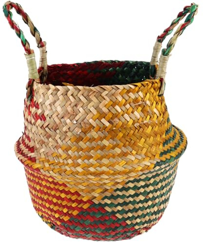 Hohopeti Cesta Plegable de Lino Tejido para Almacenamiento Cesta de Paja para Plantas Tamaño S 22X20X17 CM Doble Asa Reforzada Contenedor Multiusos para Hogar y Oficina