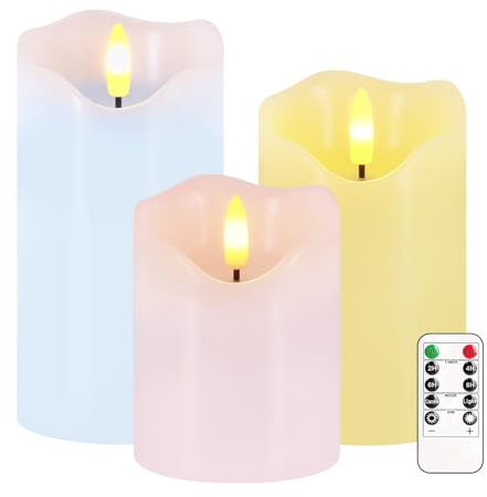 Flameless Candles Light, Set of 3 Pastel Spring LED Candles with Remote & Timer, Flickering Easter Pillar Candles Battery Operated, Real Wax Electric Candles for Home Spring Easter Decor(3 Colors)