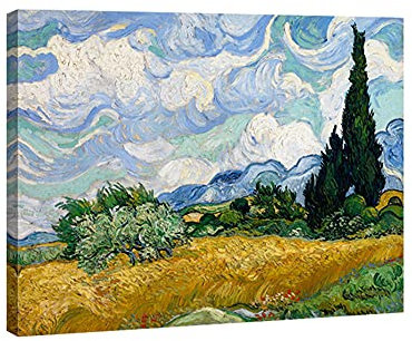 Wieco Art - Wheat Field with Cypresses by Van Gogh Famous Oil Paintings Reproduction Modern Framed Landscape Giclee Canvas Prints Artwork Pictures on Canvas Wall Art for Home Office Decorations