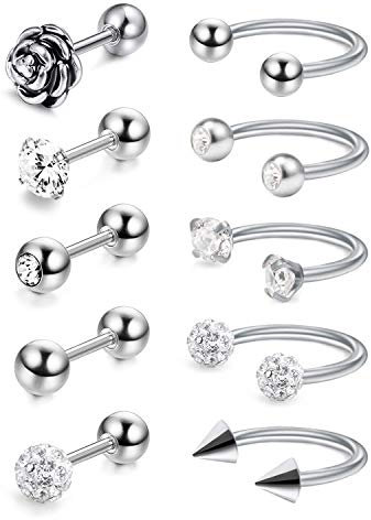 Crdifu 10er Tragus Knorpel Helix Cartilage Ohrring Stecker Hufeisen Piercing Ring Set 1,2mm Edelstahl