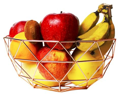 Homatz Copper Fruit Bowl 27cm Large Basket – Geometric Design Metal Wire - Vegetables Bread Banana Snack Storage Basket, Decorative Centerpiece Fruit Rack for Kitchen Countertop Pentagon Base
