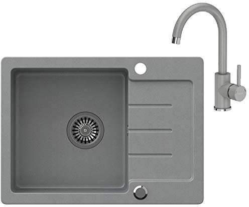 VBChome Spülbecken Grau Granit 60 x 44 cm Einzelbecken Einbauspüle gesprenkelt reversibel Verbundspüle + Siphon Waschbecken Armatur