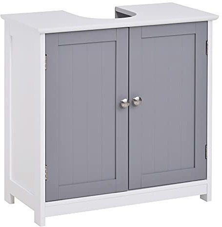 kleankin Mobile Sottolavabo a 2 Ante con Ripiano Regolabile, Armadietto Bagno Salvaspazio con Intaglio a U, 60x30x60 cm, Bianco e Grigio