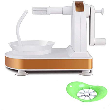 Sbucciatore a manovella per frutta e mela, rotante, con lama seghettata in acciaio inox, per tagliare e tagliare in pochi secondi (oro + bianco)