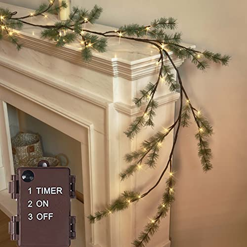 Hairui Lighted Pine Garland Battery Operated with Timer 6FT 48 Lights, Christmas Garland with Lights for Indoor Outdoor Home Holiday Decoration