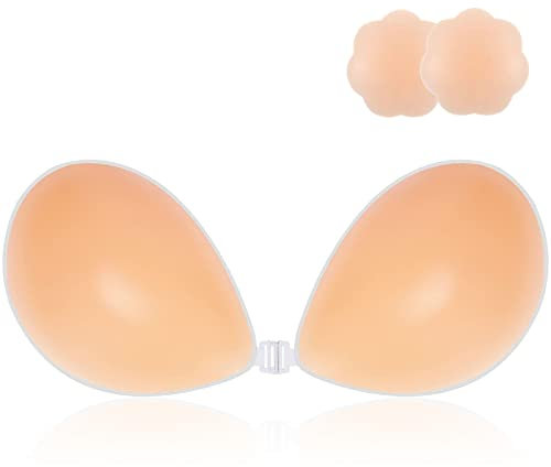 CatoFree Invisible Strapless Push Up Bra, Adhesive Silicone Backless Bra Reusable Sticky Bra with 2Pcs Nipple Covers for Evening Dress, Wedding Dress and Backless Strapless Clothing (C, Nude)