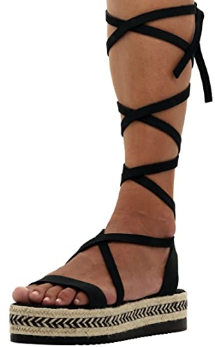 Emmanuela Sandali alti al polpaccio in paglia, sandali fatti a mano con legatura gladiatore, scarpe estive con cinturino, sandali con lacci piatti con pizzo aperto, Nero, 38 EU