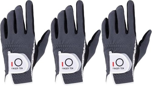 FINGER TEN Golf Glove Men Left Hand Right Rain Grip Value 3 Pack, Mens Golf Gloves Weathersof All Weather Hot Wet White (Grey, Worn on Left Hand), M-L…